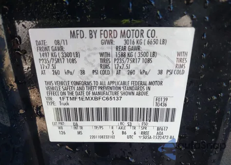 2011 Ford F-150 Xlt from USA, damaged, VIN 1FTMF1EMXBFC65137